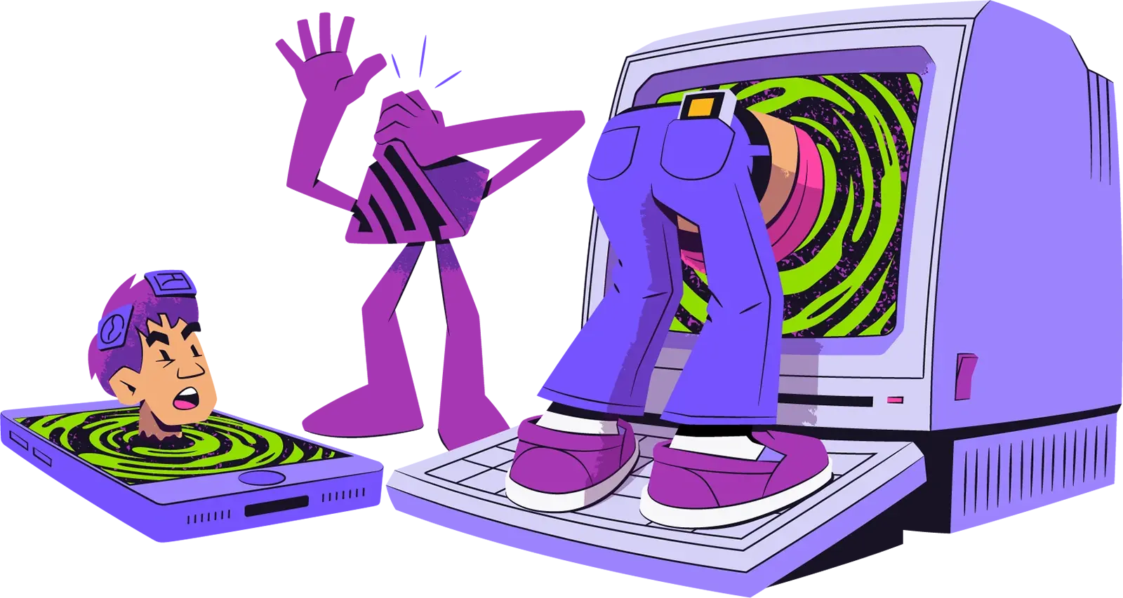 Cartoon showing the Sentry logo as a distressed character watching one person stuck in a smartphone and another diving headfirst into a retro computer—illustrating developers getting lost in debugging chaos.